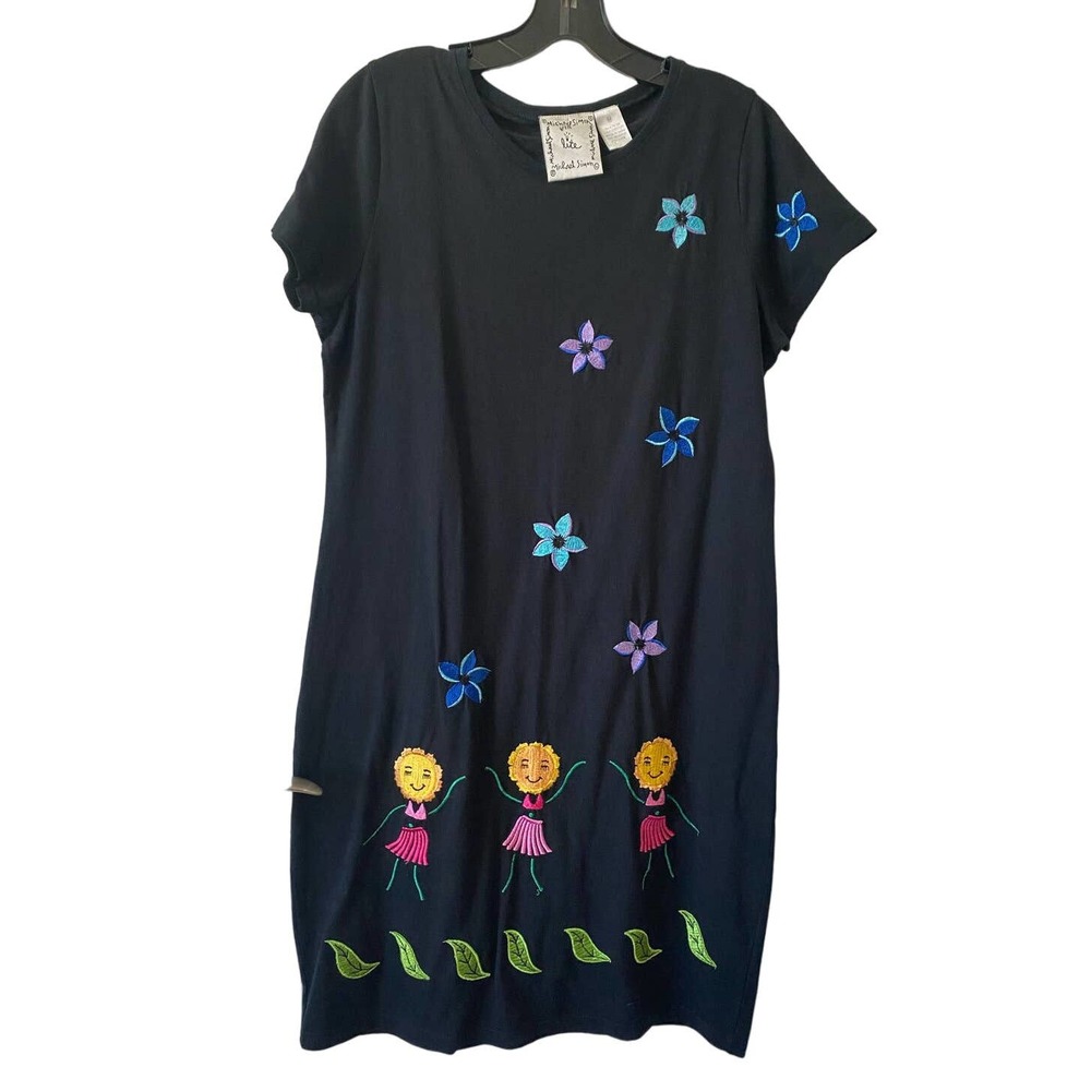 Michael Simon Lite Black Knee Length Dress Rare Embroidered Hula Flowers Medium